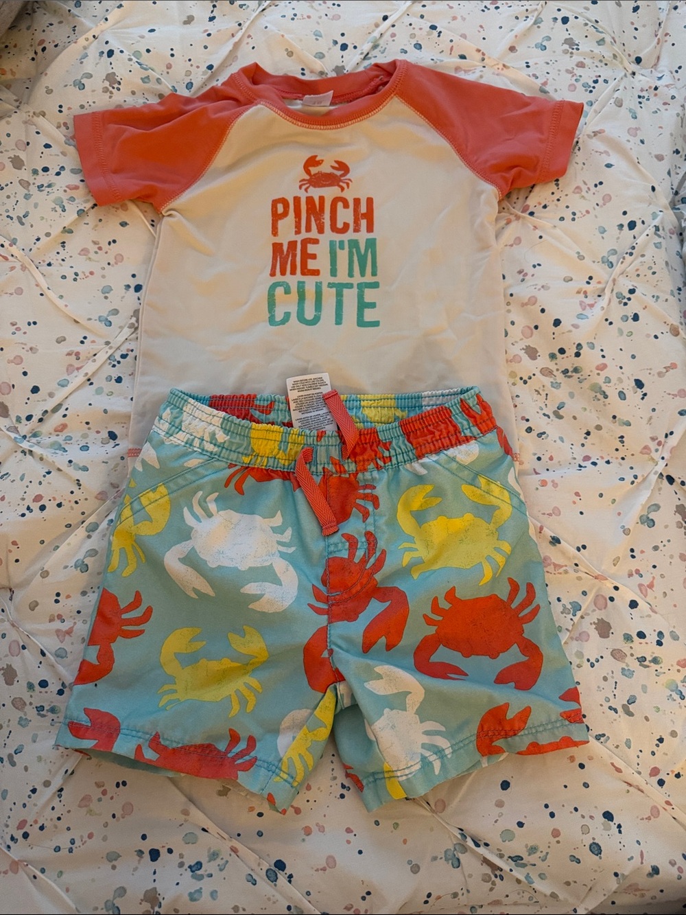 Carter's Coral Sleeve Rash Guard and Crab Print Aqua Swim Shorts Set